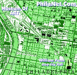 Map of Center City Philadelphia, 
the Museum of Art, and William Penn